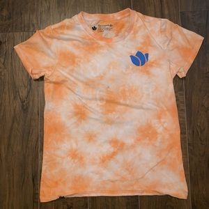 Dutch Bros Orange tie-dye shirt with blue writing